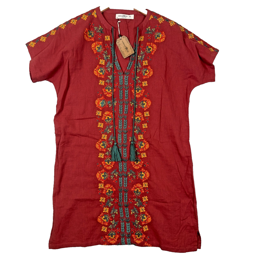 Natural Life Tunic Womens XS Red Embroidered Boho Tassel Cotton‎ Boho NWT!